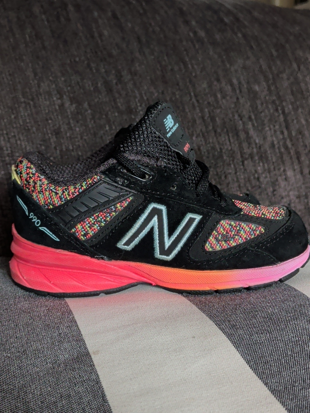 New Balance Kids Black Multicolor Knit Sneakers with Gradient Pink-Orange Sole